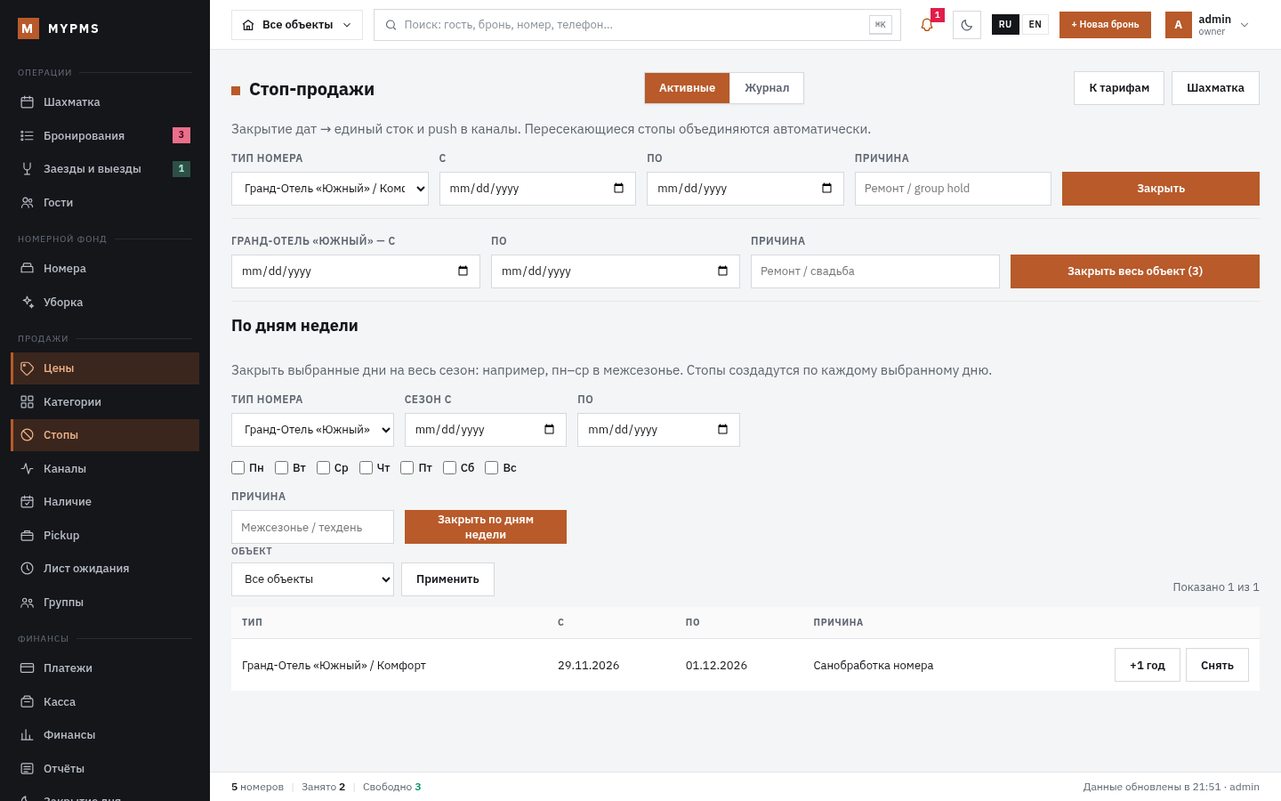 Стоп-продажи: активные и журнал действий
